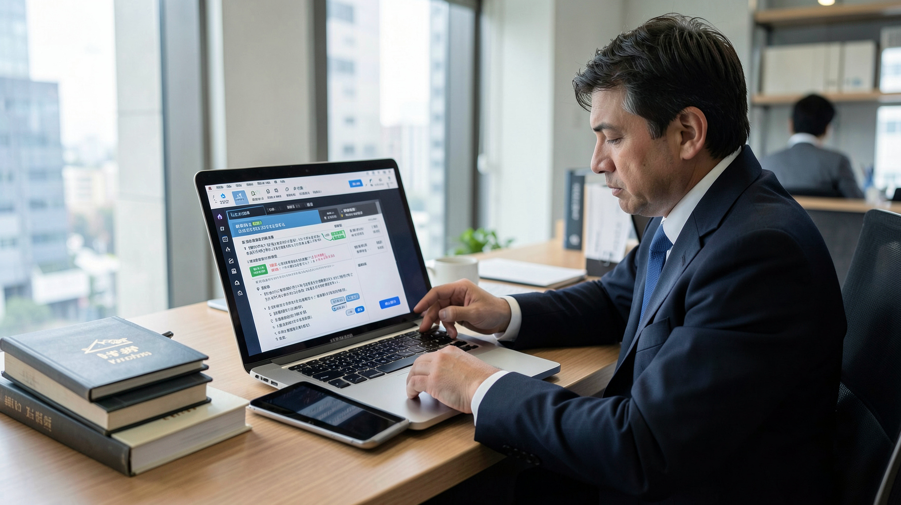 法務担当者がノートパソコンでAI契約レビューの解析結果を確認しているオフィスの様子