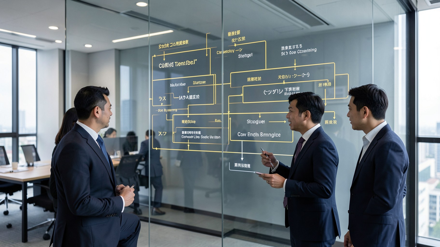 契約の一連の流れを示す抽象的な図をガラス壁に投影したオフィス
