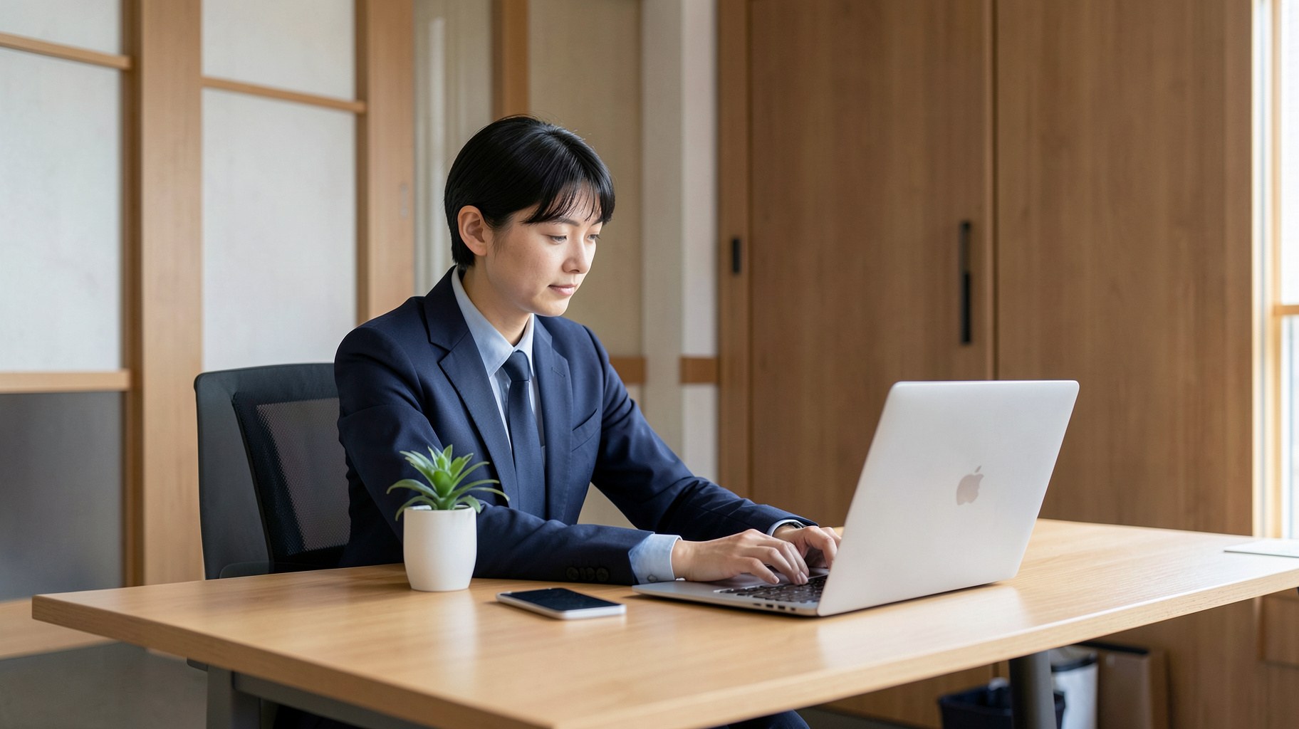 一人で静かに作業する法務担当者のミニマルなデスク